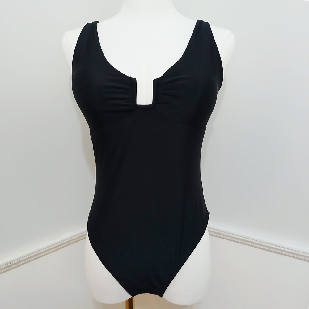 Womens Black One Piece Swimsuit Ruched Notch Neck Adjustable Straps Size M